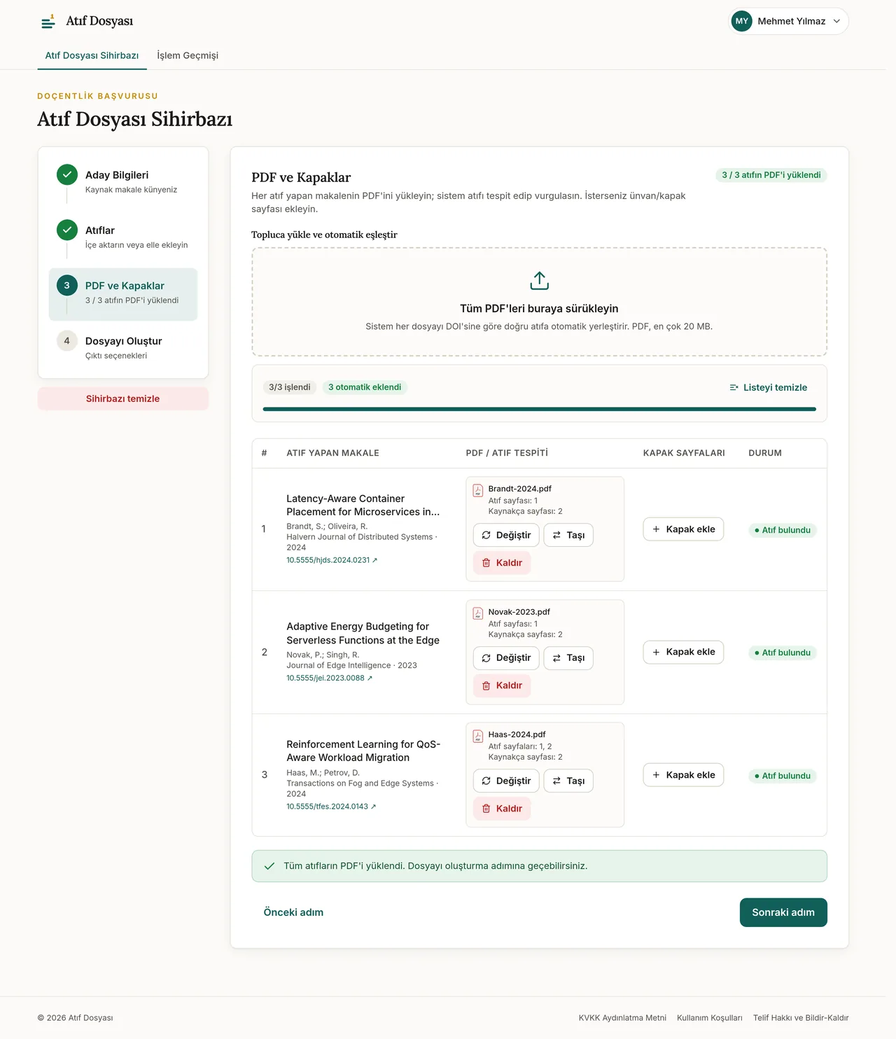 Adım 3: PDF yükleme ve otomatik atıf tespiti, Atıf bulundu
